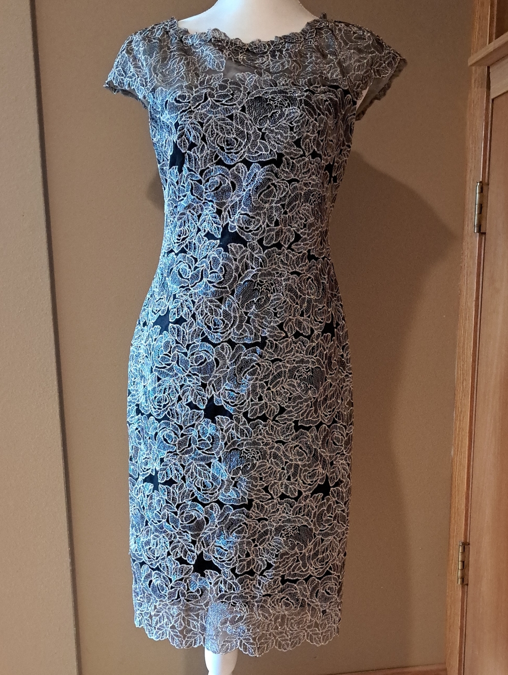 Joseph Ribkoff Black Dress with Tan Floral Lace Overlay
